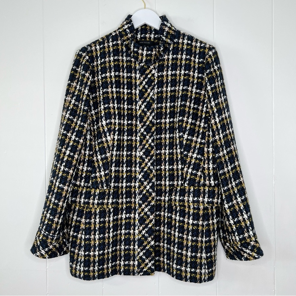 Ann Taylor Knit Plaid Tweed Jacket Size 14